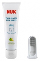 NUK 10256313 Mundpflege-Set, bestehend aus Baby-Zahnpasta mit natürlichem Apfel-Banane Geschmack und Fingerzahnbürste, BPA frei