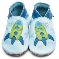 Inch Blue Mädchen/Jungen Schuhe für den Kinderwagen aus luxuriösem Leder - Weiche Sohle - Rakete Hellblau & Grün