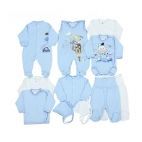 11-tlg. Set Baby Erstausstattung Bekleidung: Strampler Wickelshirts Schlafanzug Wickelbodys Strampelhose Mütze, Farbe: Blau Hündchen, Größe: 68