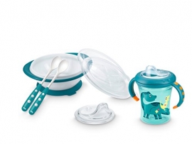 NUK 10225109 Esslern-Set mit 1x Starter Cup, 1x Esslernschale, 2x Fütterlöffel und 1x gratis Ersatz-Trinktülle, ab 6 Monate