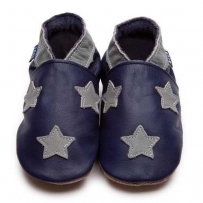 Inch Blue Jungen Schuhe für den Kinderwagen aus luxuriösem Leder - Weiche Sohle - Sternchen Dunkelblau & Grau
