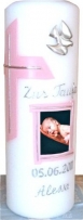 Taufkerze mit Namen, Babyfoto & Datum für Mädchen oder Jungs in Rosa, Lila oder Babyblau